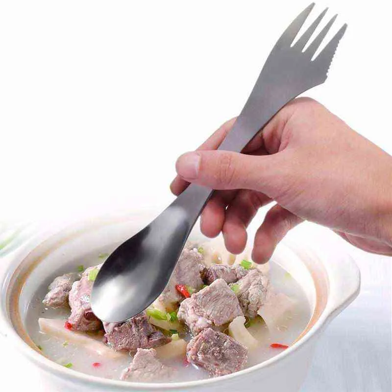 Outdoor 3 in1 Stainless Steel Spork Multi Function Knife Fork Spoon Travel Camping Hiking Picnic BBQ Lunch Dinner Utensils Combo Y220530
