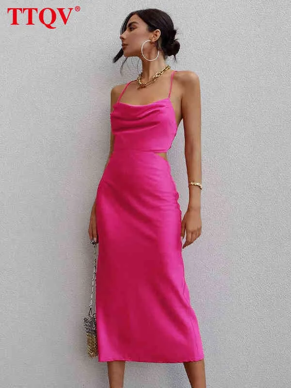 Ttqv sexig rem rosa satin klänning sommar ärmlös ihålig ut midi klänning kroppskondona lace-up backless party klänningar för kvinnor 2022 y220401