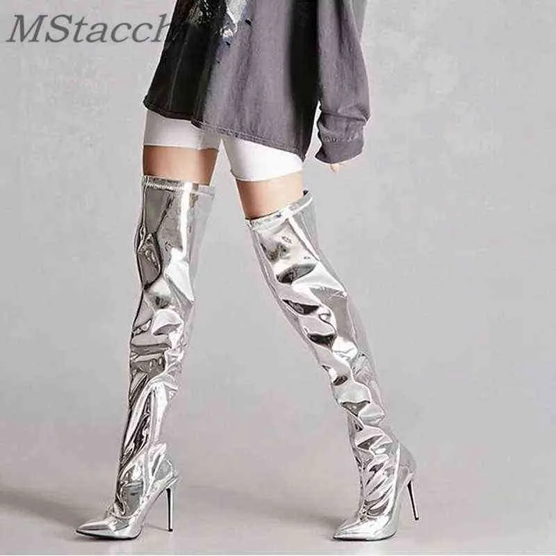 Bottes au-dessus du genou pour femmes Piste Stilettos Bout pointu Miroir Talons hauts Chaussures de soirée Discothèque Demonia Botas Femininas 220729