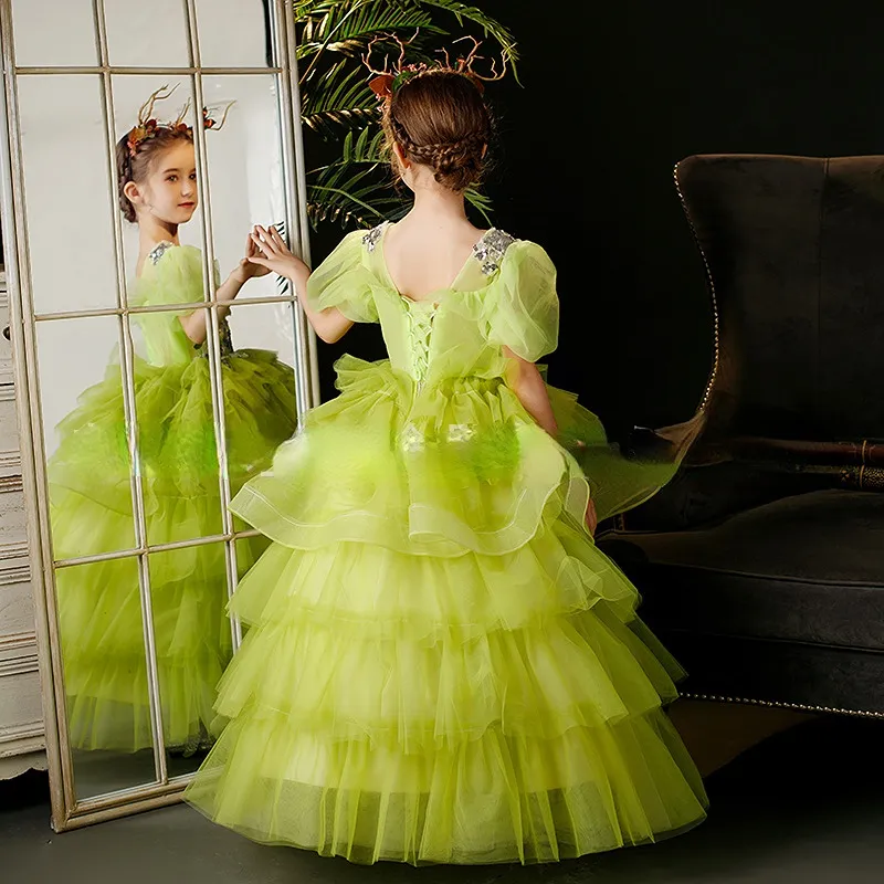2022 Sevimli Çiçek Kız Düğün Dantel Çiçek Aptalları İçin Elbiseler Katmanlı Etekler Seated Yeşil Kızlar Pageant Elbise Çocuk Doğum Günü Partisi