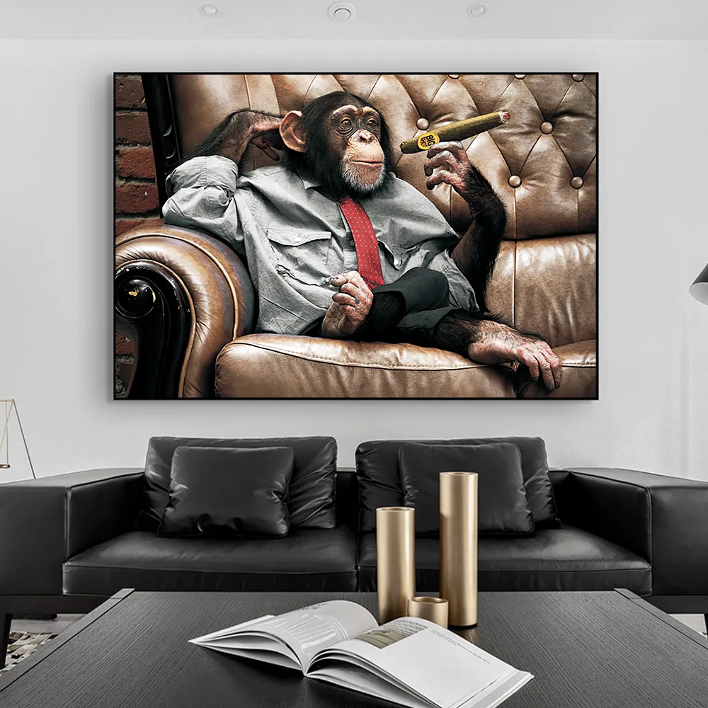 Gorilla sul divano che fuma pittura su tela animale scimmia poster e stampe immagine da parete soggiorno decorazioni la casa