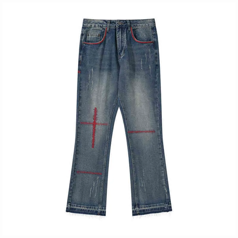 2021 geometriska broderier nödställda tvättade män hiphop flares jeans byxor grova kanter raka avslappnade denimbyxor pantn t220803