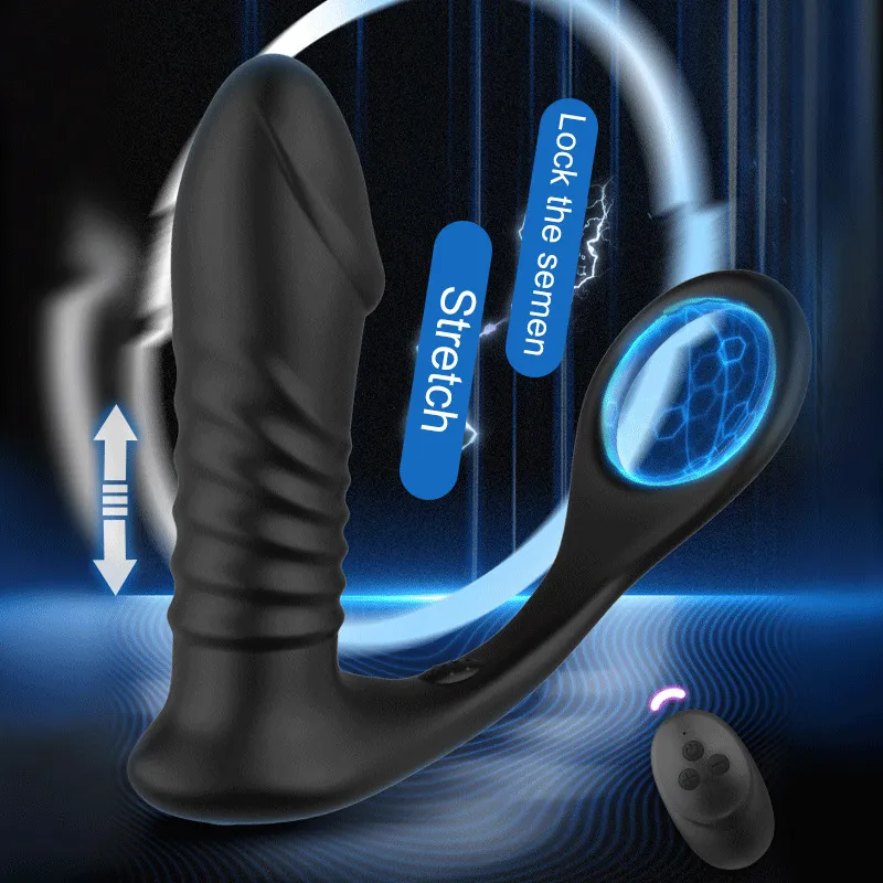 Silicone Anal Vibrator Thrusting Prostate Stimulator Massager Delay Ejaculation Lock Ring Anal Butt Plug Sex Toys Dildos for Men 220817