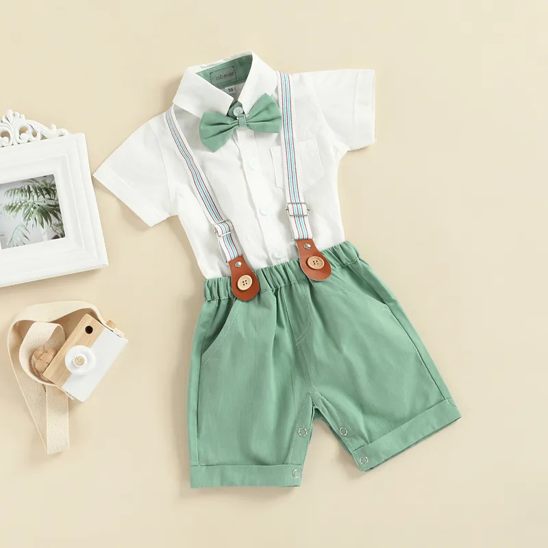 Focusnorm 0 3Y Summer Baby Boys Gentleman Desets Solid Single Breasted Romper Tops With Bow Overalls Shorts 220620