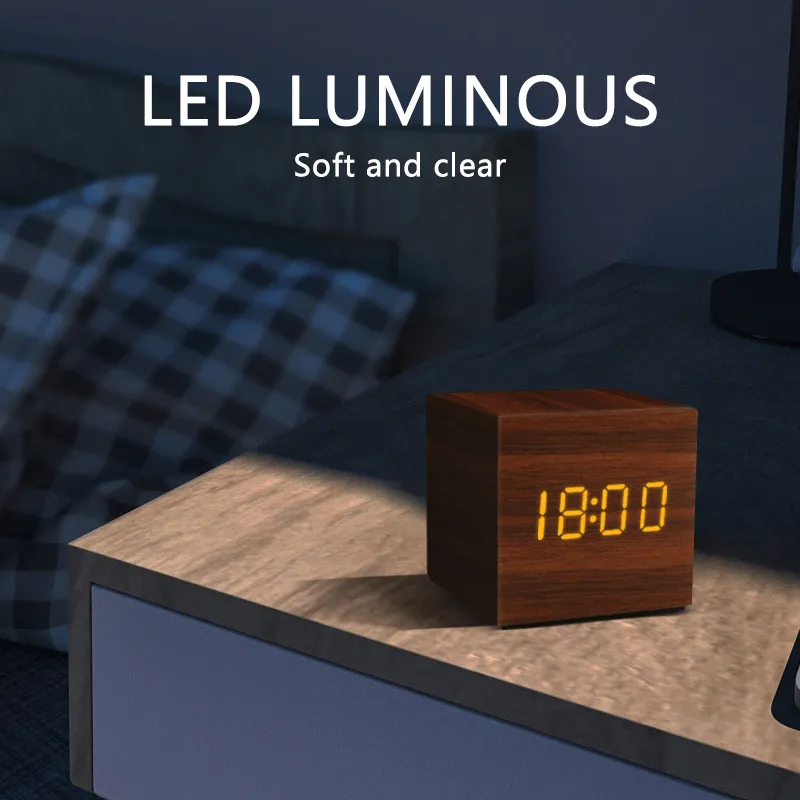 目覚まし時計LED木製ウォッチテーブルタイマーボイスコントロール