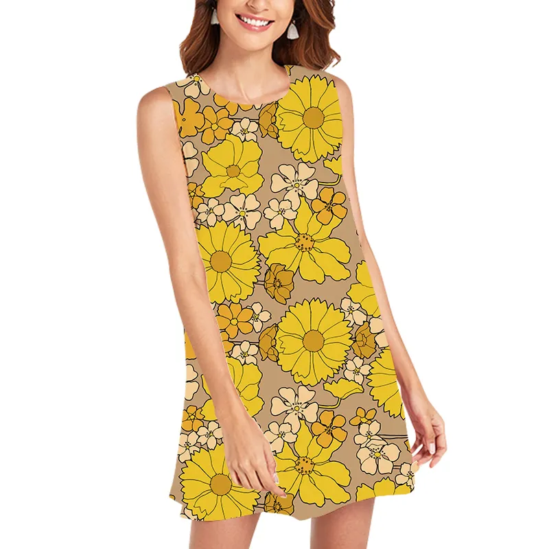 Vestido de playa bohemio de verano para mujer, vestido holgado Vintage con estampado 3D de flores amarillas, minivestido Sexy de fiesta para discoteca W220617
