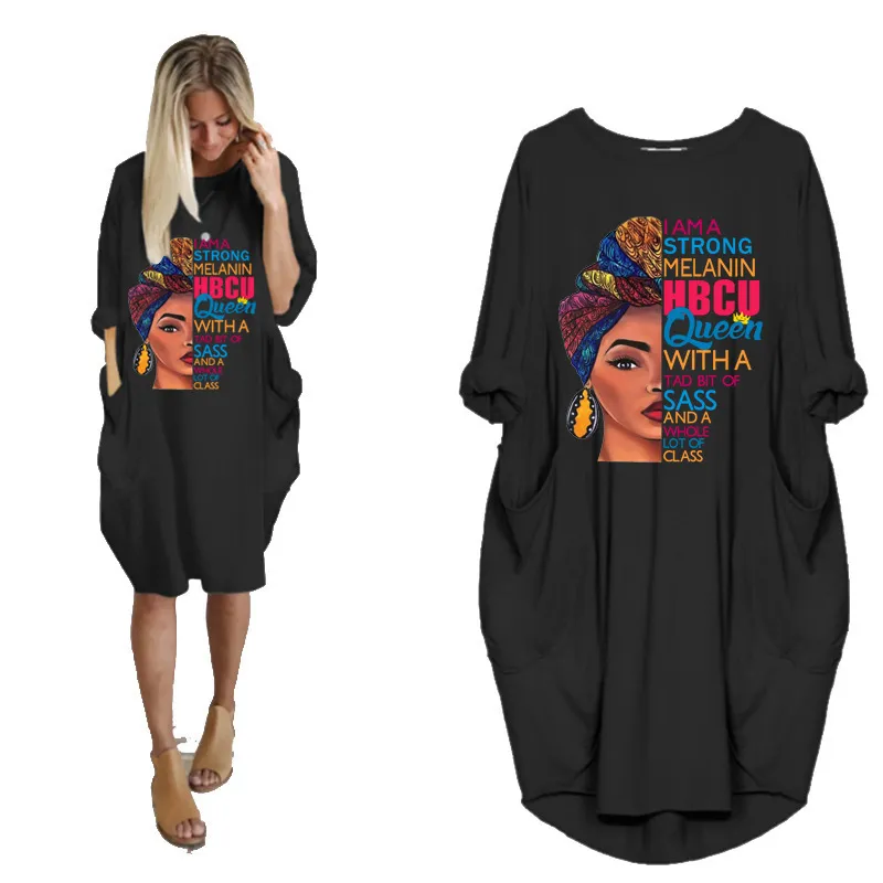 Autumn Fashion African Dress For Women Pocket Black Beatiful Letters Print T -shirt Jurken Plus Size Midi Robe Femme 226014