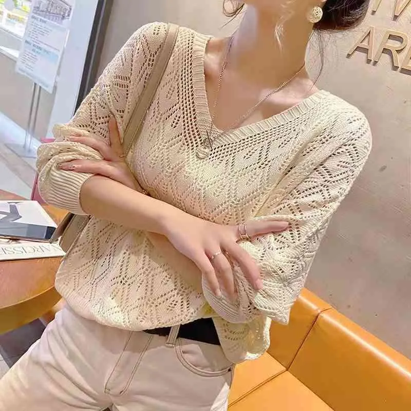 Ladies v Neck Pullover Fashion Crochet Hollow Knit Solid Color Sweater New Loose Thin Spring Casual Bat Shirt Cropped