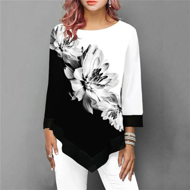 패션 스프링 셔츠 플로럴 프린트 불규칙한 헴 블라우스 레이스 패치 워크 여성 의류 캐주얼 34 슬리브 셔츠 대형 220707