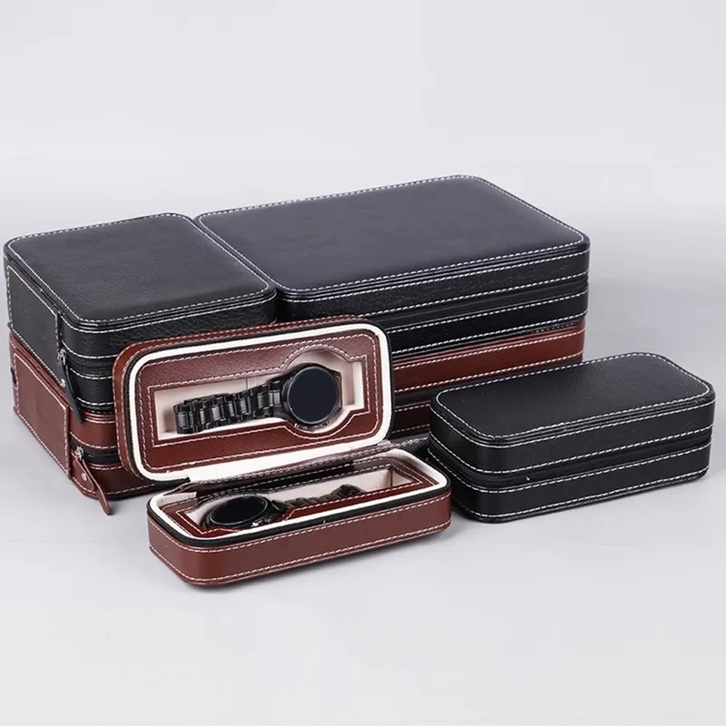 Schwarze Kunstleder-Aufbewahrungsbox für Uhren und Koffer, 2, 4, 8 Gitter, Tablett mit Reißverschluss, Reisesammler 220624