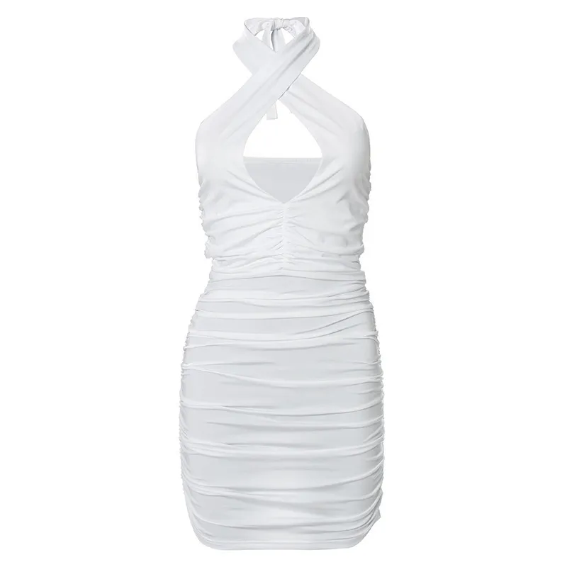 ZHYMIHRET White Cross Halter Ruched Womens Summer Hollow Out Backless Sexy Dress Club Party Nightwear 220608