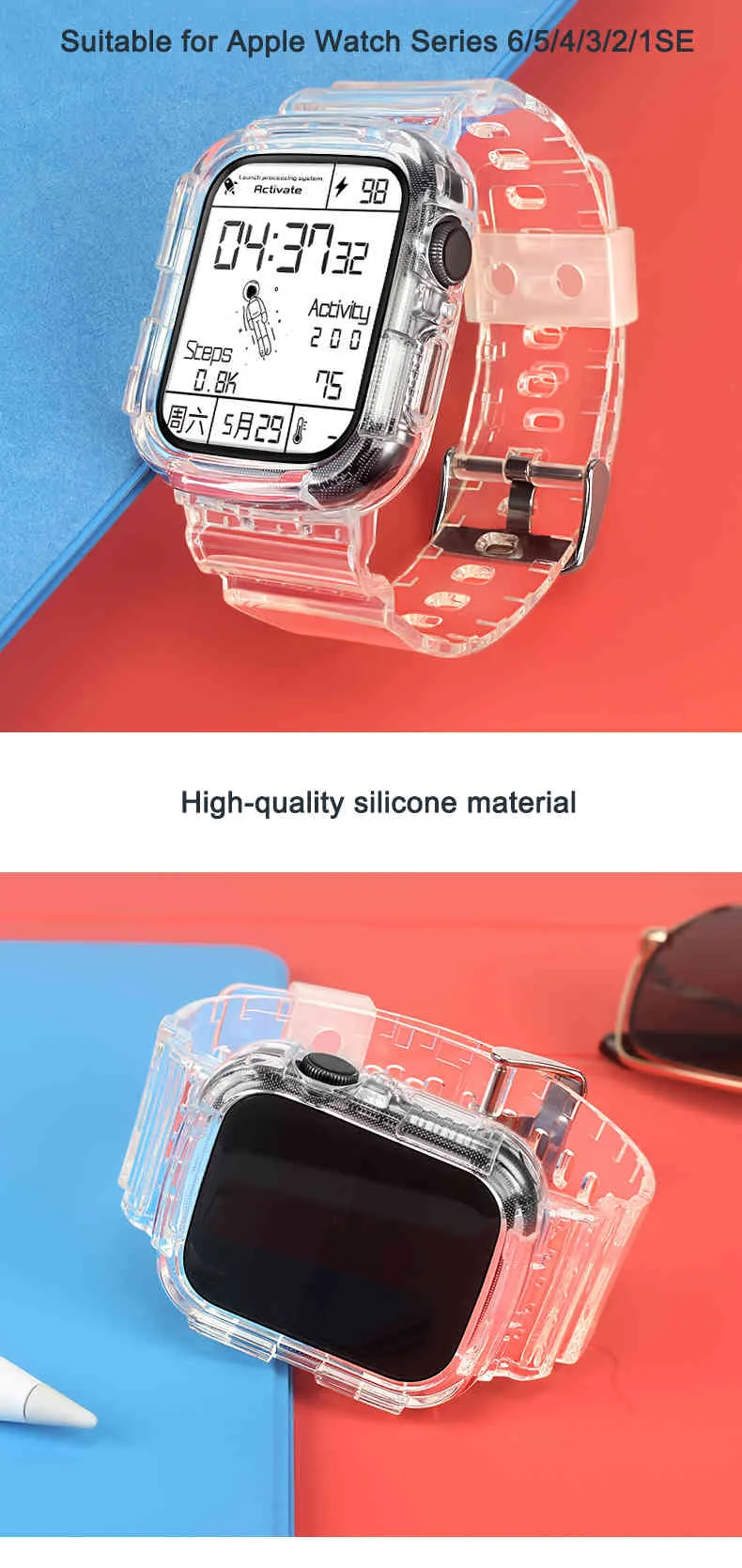 Silicone Crystal Clear Sports Pulseira Apple Watch Band Series SE6 5 44mm 42mm Substituição PARA IWATCH 3 2 38mm 40mm261L8409904