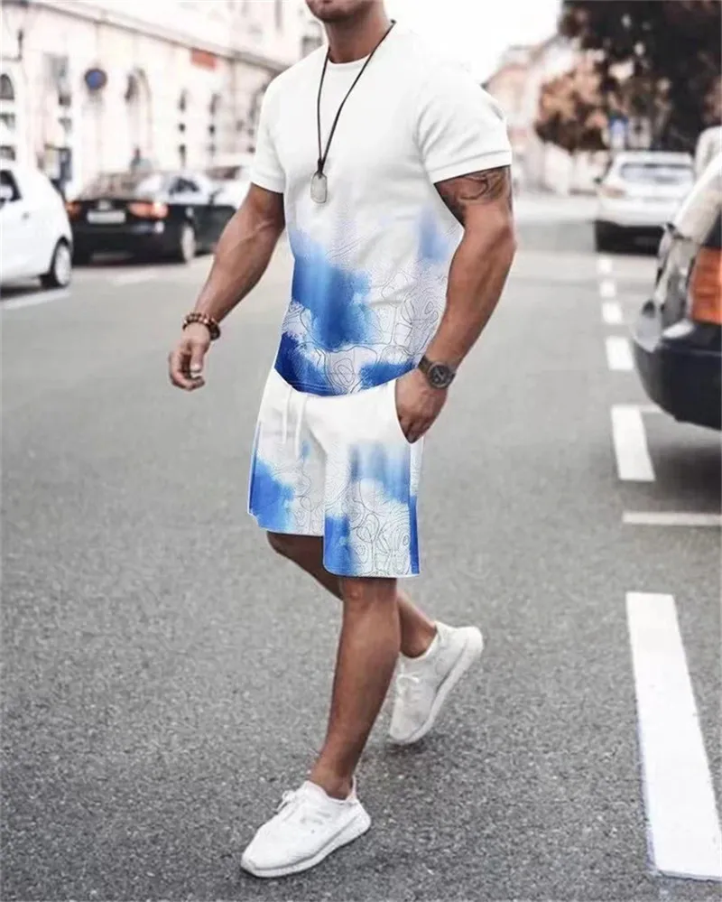 Summer Trend Men S Suit Casual Beach Shorts Sea View 3D Printing Kort gewoon O Nek T -shirt 2 -delige set 220719