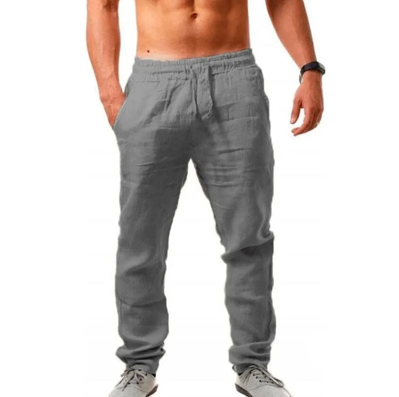 Pantalon homme coton lin mâle été automne respirant couleur unie taille élastique pantalon Fitness Streetwear 220826