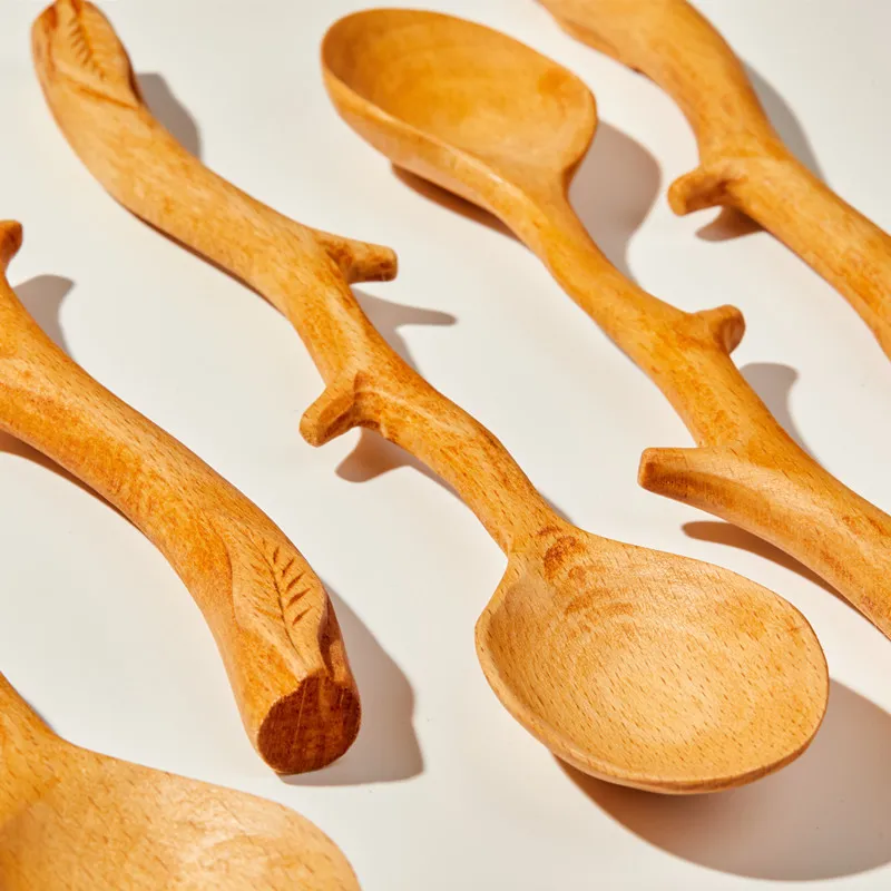 Party Favor Japanese Style Wooden Spoon Special Branch Shape Long-Handled Soup Stirring Tableware For Kitchen Cookware Accessories