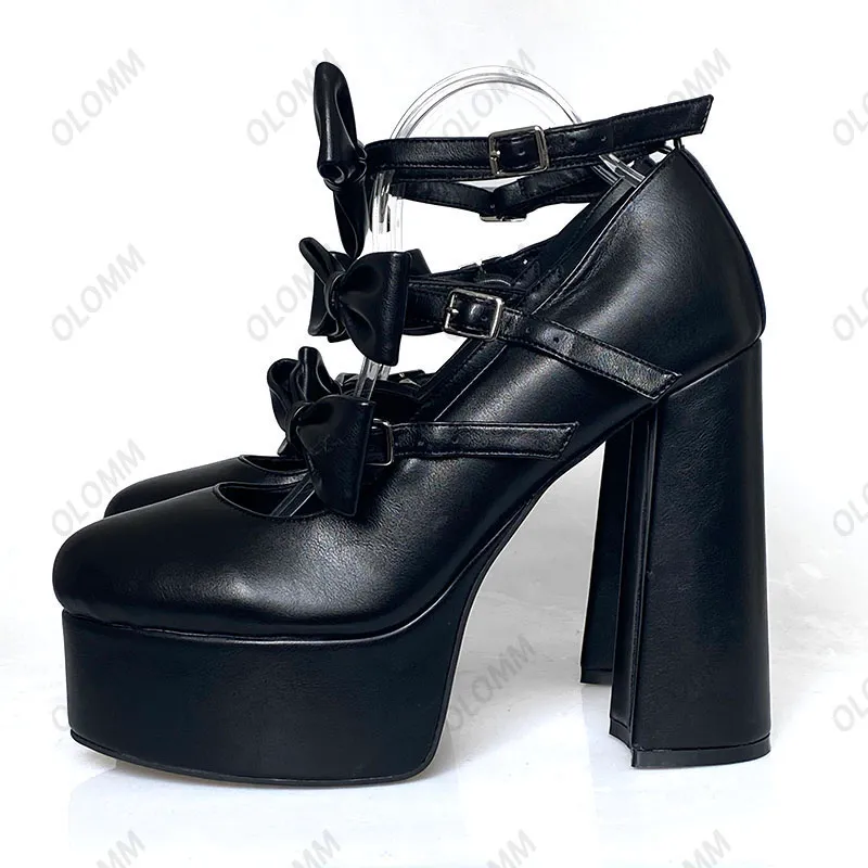 Olomm Neue Frauen Plattform Pumpen Schnalle Chunky Heels Schmetterling Knoten Runde Kappe Elegante Schwarz Nachtclub Schuhe Damen UNS Größe 5-15