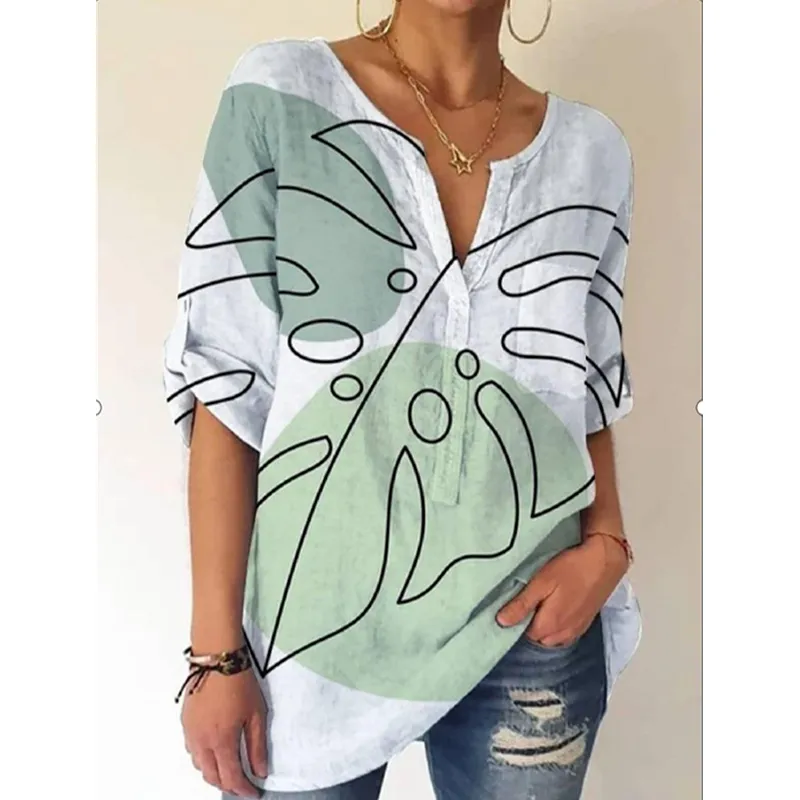 Ästhetisches Sommer-T-Shirt mit Vintage-Blumendruck für Damen, V-Ausschnitt, Y2K, 3/4-Ärmel, elegantes T-Shirt, lockeres, lässiges Top, Streetwear 220511