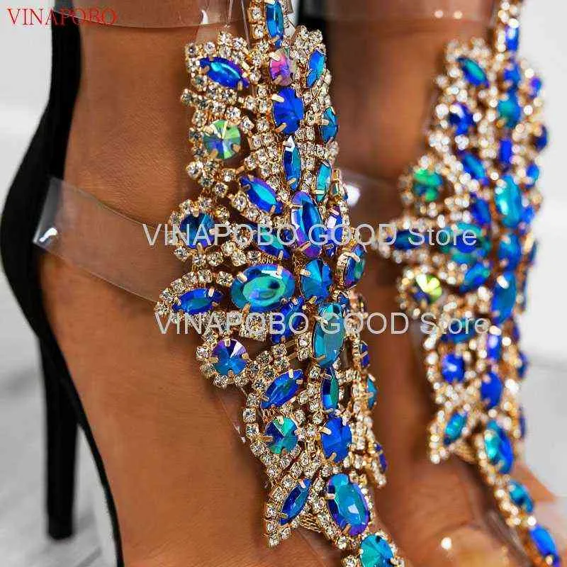 Women Summer Crystal Sandals peep Toe Thin High Heels Ladies Zipper Female Sexy Rhinestone Stiletto Bridesmaid Shoes220513