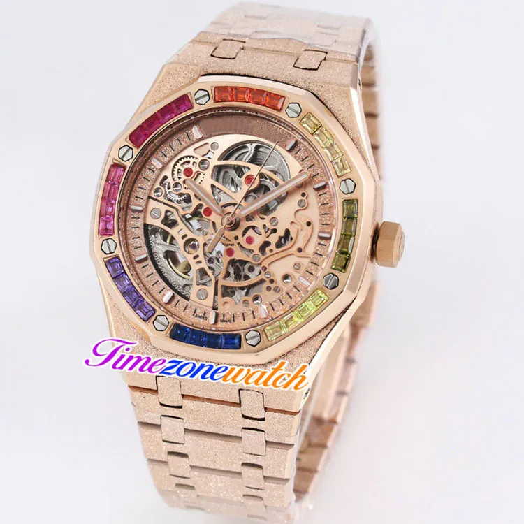 K8F 41 mm zwarte skelet tourbillon wijzerplaat automatisch herenhorloge roségoud vorst gouden kast mat stalen armband regenboog diamant horlogec237G