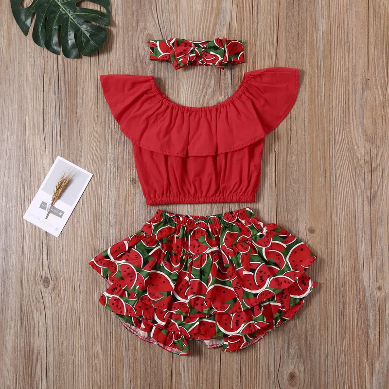 1 6 Year Old Toddler Baby Girl Clothes Watermelon Sunflower Print Ruffle Drop Shoulder Strap Top Shorts Summer Set 220620