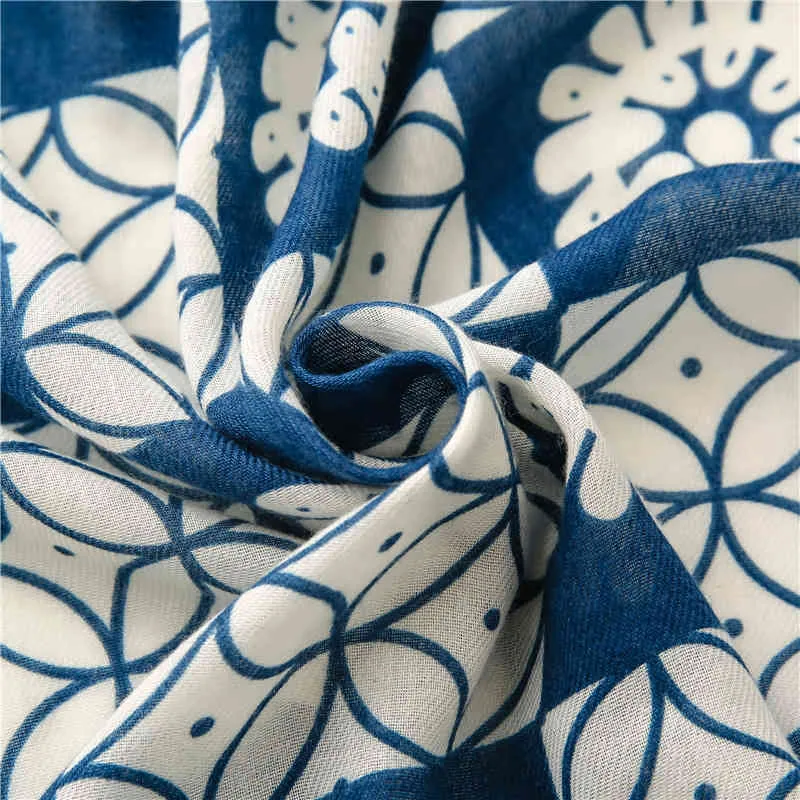 OKIK NATIONALE stijl kleine vers blauwe en witte porselein krans geprinte zijden sjaal lange vlecht baard sjaal katoen linnen handgevoelig gevoel