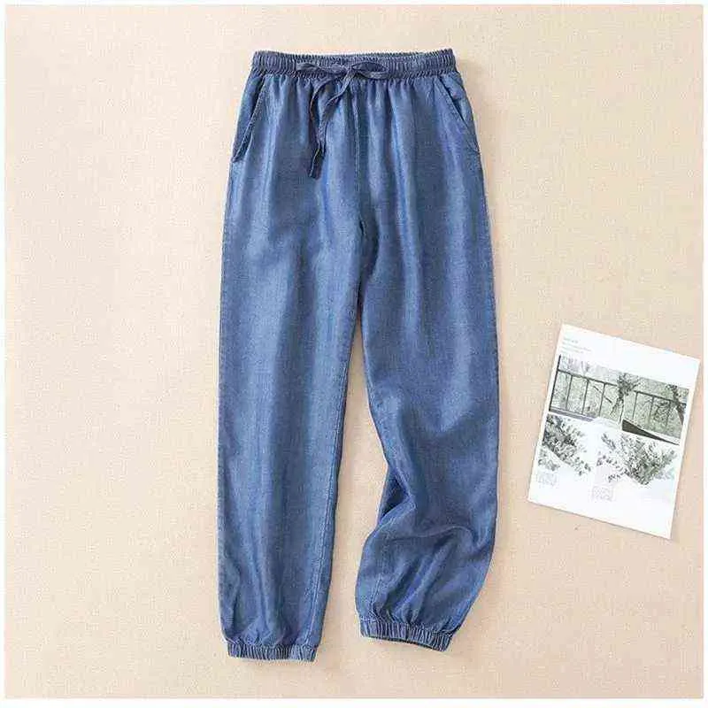 2022 Summer New Thin Ice Silk Jeans Women's High midja Drawstring Nine-Point Pants Small Feet Harem Pants Casual Denim Trousers L220726