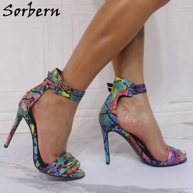 Sorbern Colorful Snake Women Sandals High Heel Stilettos Ankle Strap One-Strap Sandal Heeled Designer Shoes Multi Colors