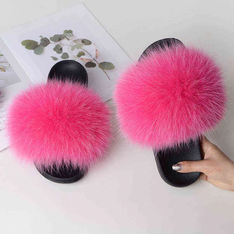 Coolsa New Women's Casual Fur Fur Flip Flops Real Fox Fur Sandals Lady Fluffy Slides Women’s Splush Slippers Slippers G220730