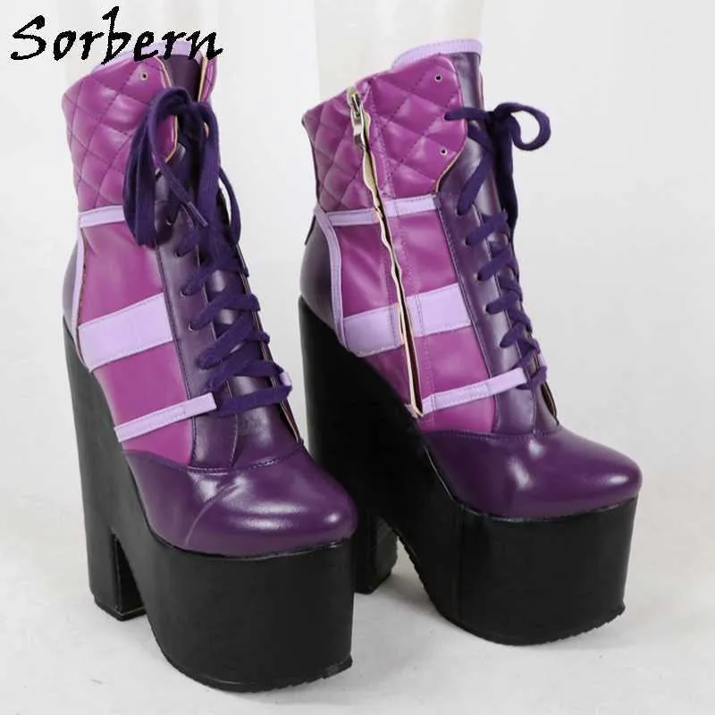 Sorbern Customized Ankle Boots Sneaker Block High Heel Thick Platform Rubber Sole Lace Up Purple Black Unisex Booties New