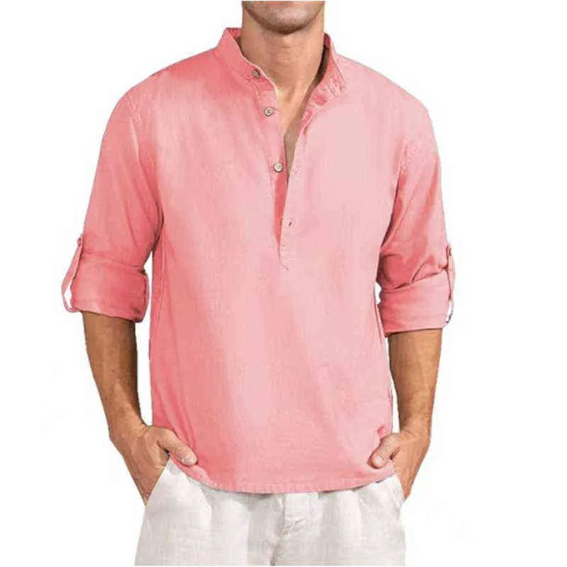 2022 nuovi uomini camicetta casual camicia di lino in cotone magliette larghe maglietta a maniche lunghe primavera estate moda pullover magliette da uomo L220704