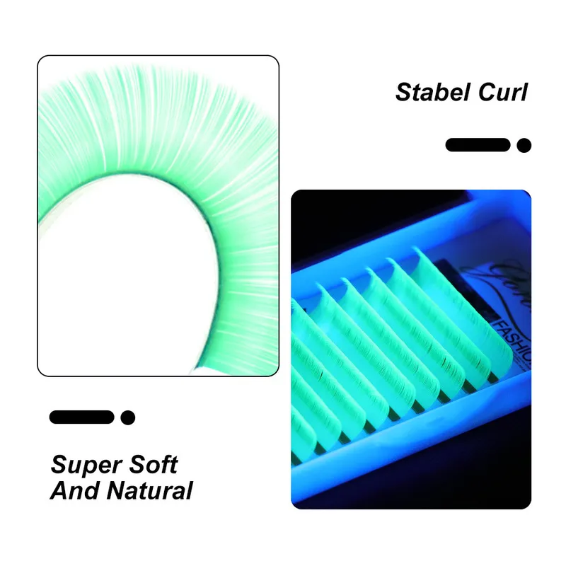 Exténions UV néon aux cils brillent dans les cils sombres vert fluorescent brillant coloré