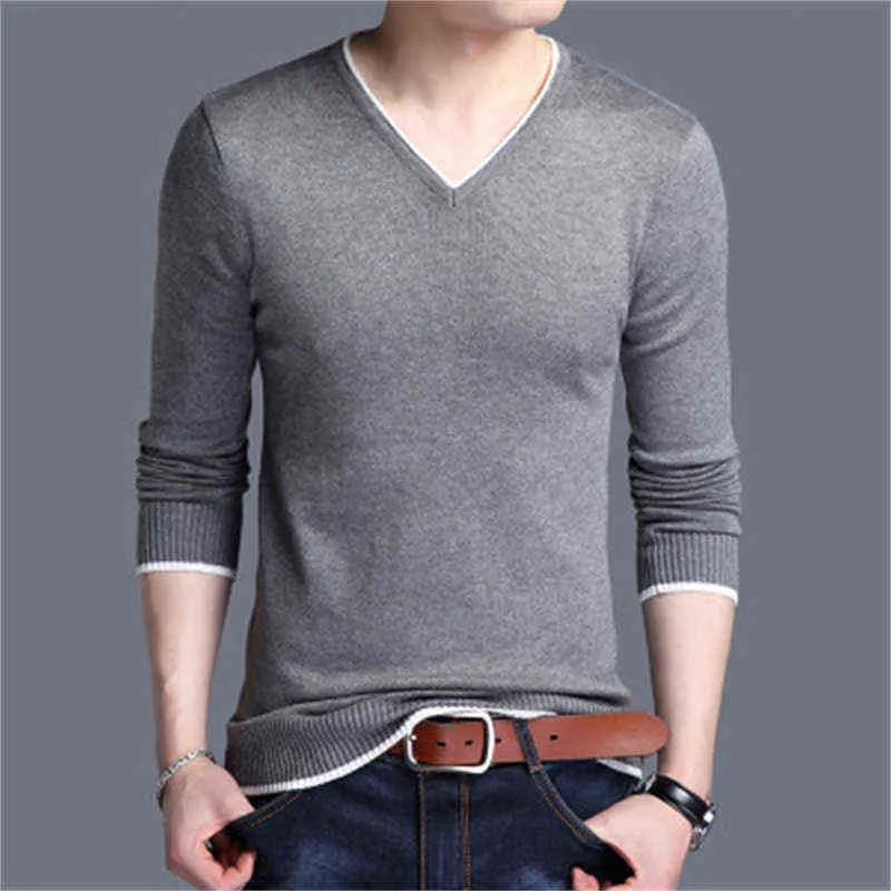 Dropshipping Men Autumn Sweater Casual Longe ärmar Slim V Neck Thin Knit Djup Skjorta L220730