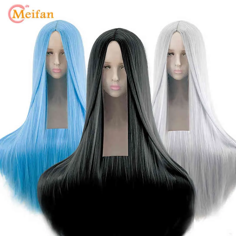 Meifan 합성 로리타 코스프레 가발 금발 블루 붉은 핑크 그린 퍼플 헤어 파티 100cm 길이 스트레이트 가발 여성 220622