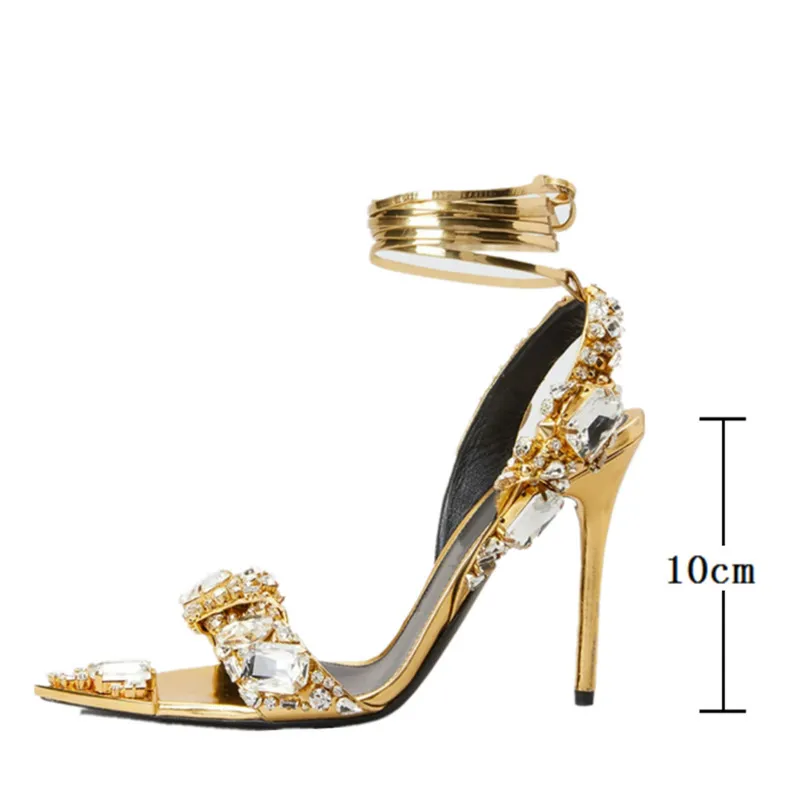 Cristal métallique cheville-cravate sandales femmes à lacets strass Design de luxe talons hauts printemps piste chaussures 220509