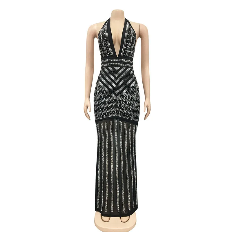 Kricesseen sexy zwarte halter verfraaid kristal maxi jurk vrouwen backless zie door bodycon verjaardag clubkleding kerk 220520