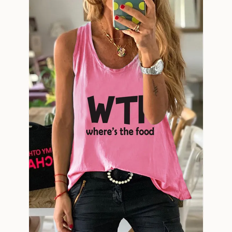 Kadınlar Pamuk 100% Kaşkorse Yaz Steeveless Nerede Gıda Mektubu Baskı Kadın Rahat Vintage Tank Tops Grafik Moda Yelekler 220325