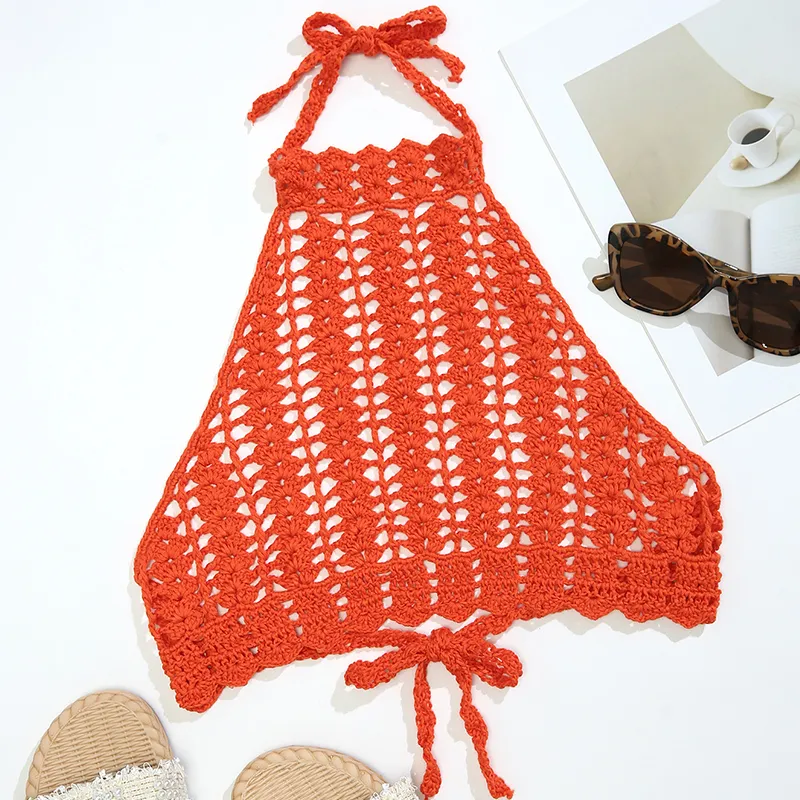 CC Sexy Crochet Bikini Top Ladies Boho Hollowed Lace Up Chest Wrapping Crop Beachwear Handmade Backless Beach Outfit Swimsuit 220611