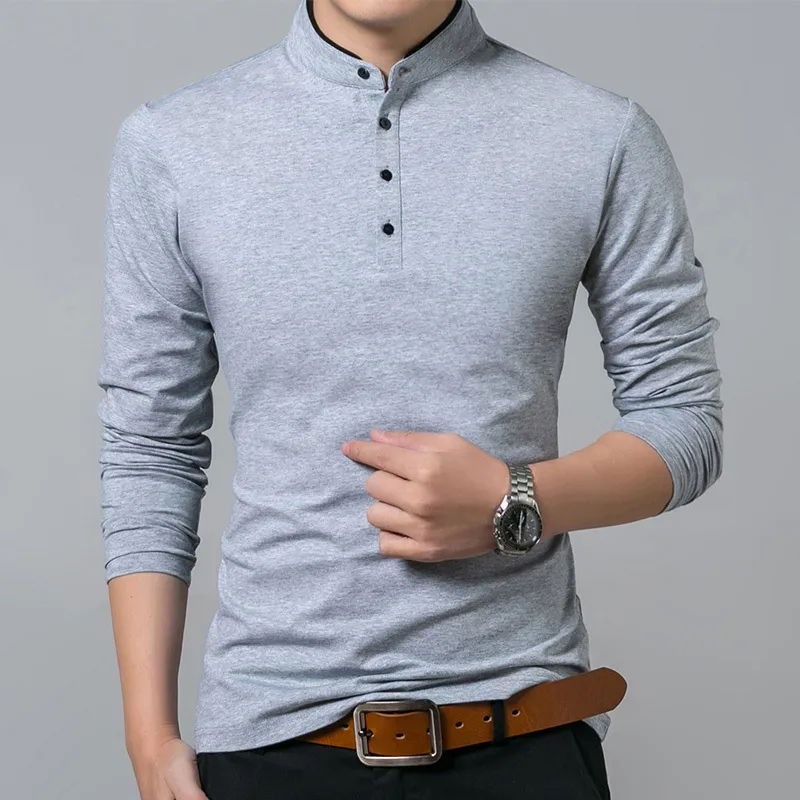 Liseaven T-shirt Män Cotton T Full Sleeve Tshirt Solid Färg T-shirts Topstees Mandarin Collar Long 220325