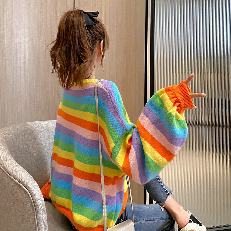 Vrouwelijke trui dames truien schattige kawaii pullover Harajuku kleding kasjmier tops gestreepte lange mouw trend w220817