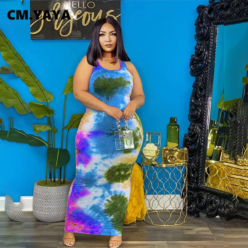 CM. Yaya Kobiety sukienki plus size krawat bez rękawów o rozciągli bodycon bodycon długie sukienki maxi moda swobodny samiłki letni strój 220516