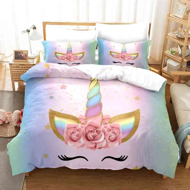 Unicorn Pink Kids Beding Set Cartoon Print