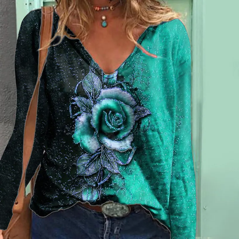 Sommer Frauen Mode Blume Muster T-shirt Dame Rose Druck Tops Weibliche Lose V-ausschnitt Langarm Kleidung 220321