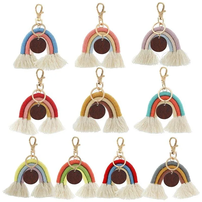 2022 tissage arc-en-ciel bois porte-clés pour femmes Boho à la main porte-clés porte-clés macramé sac breloque voiture suspendus bijoux