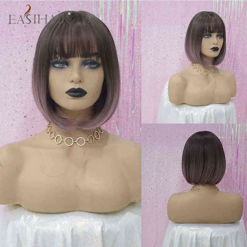 Easihair Dark Brown Short Bobo Frisyr Bang Wigs With Blonde Highlight Cosplay Heat Resistant Syntetic for Women 220525