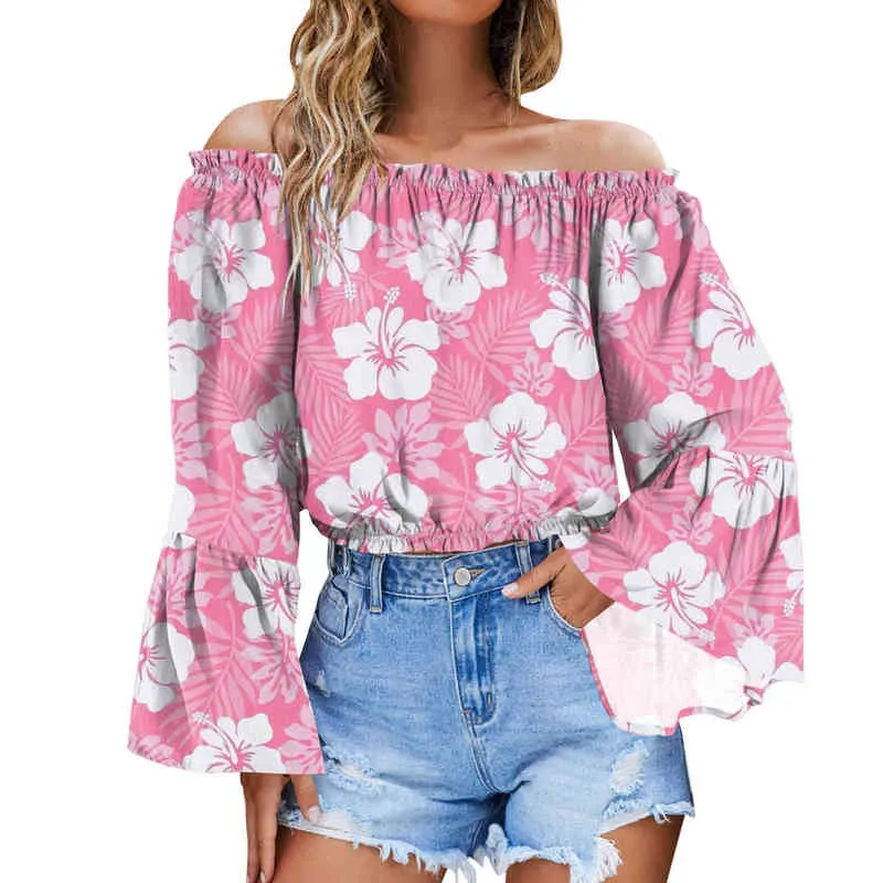 Vår sommarkvinnor blus slips färgning frill trim lantern hylsa topp 2022 femme colorblock off axel blus lady kläder tunika l220705