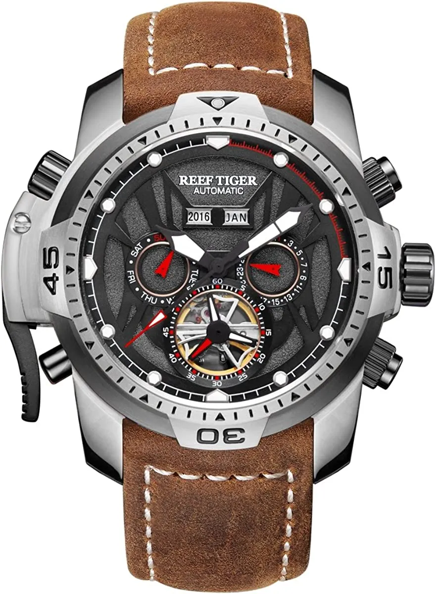 Reef Tiger Mens Sport relógios de aço inoxidável relógios automáticos relógios militares pulseira de couro