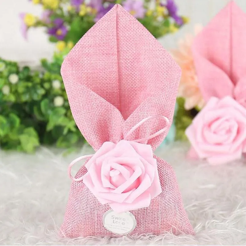 Rose Sweet Love Flower Linho Bolsa de Candy Birthday Wedding Favor Gift Caixa Feliz evento de eventos