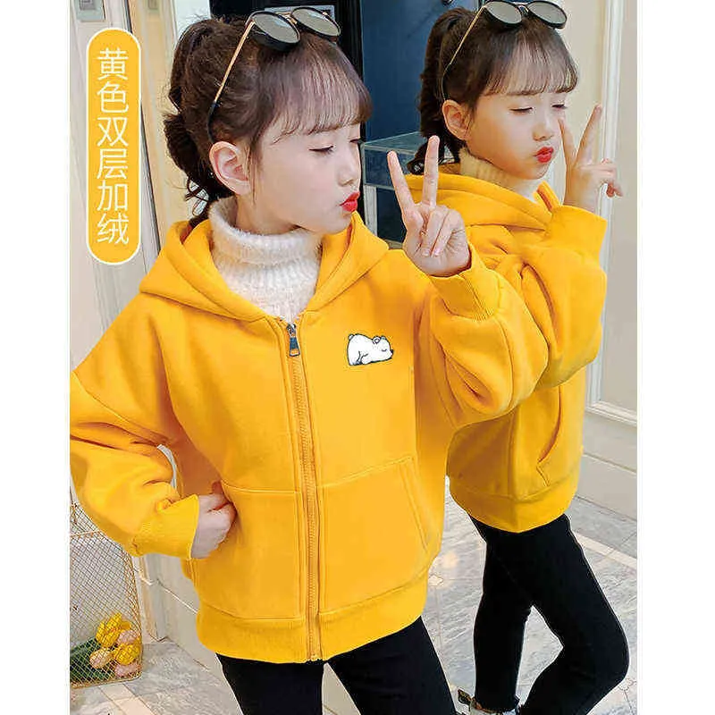 2022 New Winter Keep Warm Girls Jacket Cartoon Bear Brief Plus Velvet Hoodies Outdoor Children Sweater Kids Outerwear J220718