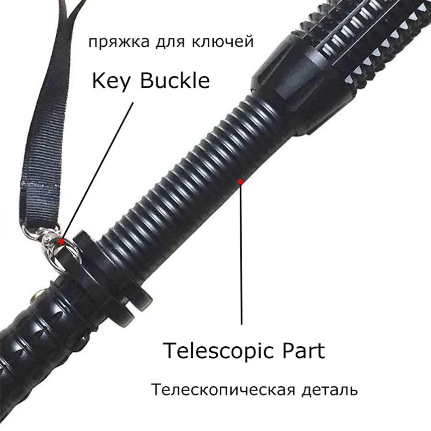 Ställer in kraftfull zoombar XML Q5 LED Telescopic Self Defense Stick Tactical Baton Rechargeble Flash Torch 186502478233a