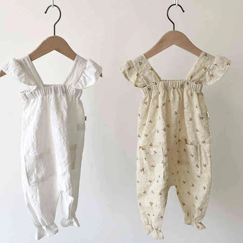 Vintage Rüschen Spitze Mädchen Bodysuit Sommer Leinen Baumwolle Ärmellose Strampler für Mädchen Kleidung Kleinkind Mädchen Kleidung Kinder Set G220510